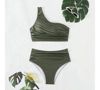 Shein Conjunto de bikini de mujer con top corto asimétrico y Bottom fruncida de unicolor, para verano, viajes, vacaciones, piscina