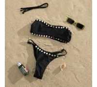 Shein Conjunto de bikini de mujer elegante de color verde oliva con tachuelas metálicas, tipo bandeau con tirantes desmontables, 2026, de corte alto y estil