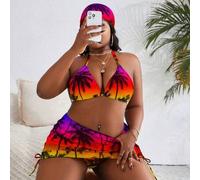 Shein Conjunto de bikini de talla grande con Top de cuello de halter y Bottom con atadura trasera, con estampado floral por toda la prenda, para verano