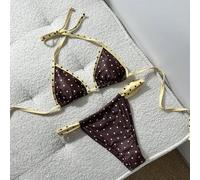Shein Conjunto de Bikini de Tanga con Halter Multicolor, Lunares y Tachuelas, Traje de Baño de Tela para Mujer