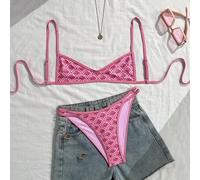 Shein Conjunto de bikini de triángulo de cintura baja con estampado geométrico reversible y colorblock, con tirantes ajustables, para vacaciones de verano 2