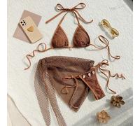 Shein Conjunto de bikini de triángulo de playa de verano con sujetador halter y decoración de conchas en la Bottom del traje de baño y falda cubreplaya para