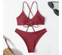 Shein Conjunto de bikini de un solo color con cruce en la espalda, sexy y sin alambre para mujer