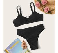 Shein Conjunto de bikini de una sola pieza para playa de verano con sujetador tipo cami con anillo de ajuste y tiras ajustables, y Bottom de cintura alta de