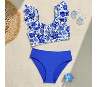 Shein Conjunto de bikini para adolescentes con estampado floral y volantes para verano. Trajes de baño de una pieza para adolescentes. Traje de baño de dos