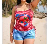 Shein Conjunto de bikini para vacaciones en la playa, con parte superior de tankini con estampado de elementos de playa, ajustable en los tirantes, túnel la