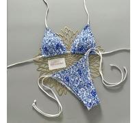 Shein Conjunto de bikini sexy para mujer, con tirantes finos, diseño de ribete con contraste de estampado, confección fruncida, adecuado para vacaciones de