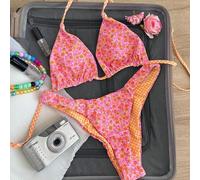 Shein Conjunto de bikini triángulo estampado reversible, shorts con ataduras laterales y conjunto de 2 piezas ajustable para playa y festivales bohemios, lo