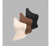 Shein Conjunto de blusa asimétrica de un solo hombro con decoración de hebilla metálica para mujer, adecuado para vacaciones en la playa, primavera/verano