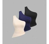 Shein Conjunto de blusa asimétrica de un solo hombro con decoración de hebilla metálica para mujer, adecuado para primavera/verano y vacaciones en la playa