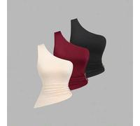 Shein Conjunto de blusa asimétrica de un solo hombro con decoración de hebilla metálica para mujer, adecuado para vacaciones en la playa, primavera/verano