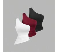 Shein Conjunto de blusa asimétrica de un solo hombro con decoración de hebilla metálica para mujer, adecuado para vacaciones en la playa, primavera/verano