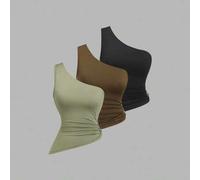 Shein Conjunto de blusa asimétrica de un solo hombro con decoración de hebilla metálica para mujer, adecuado para vacaciones en la playa, primavera/verano