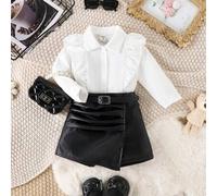 Shein Conjunto de blusa blanca de manga larga con volantes en la parte delantera y shorts negros con dobladillo asimétrico para bebé niña, conjunto de moda