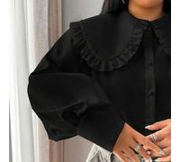 Shein Conjunto de blusa blanca y falda ELVA, tallas grandes para mujer, unicolor, cuello Peter Pan, abotonado delantero, manga larga, plisado, casual diario