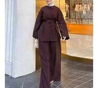 Shein Conjunto de blusa de manga larga de solapa elegante de un solo pecho y pantalones casuales de unicolor para primavera para mujer