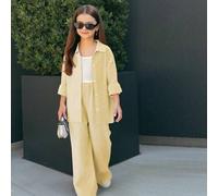 Shein Conjunto de blusa suelta de hombros caídos a rayas tejida + camiseta sin mangas + pantalones de pierna ancha, estilo informal de calle para niñas prea