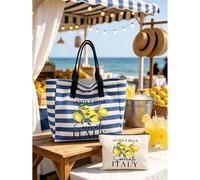 Shein Conjunto de bolso tote con patrón "Lemon Sorrento Italy" a rayas azules, bolso de playa a rayas azules y blancas de gran capacidad, bolso de hombro de