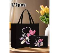 Shein Conjunto de bolso y neceser con temática de enfermera, impreso con patrones de estetoscopio, corazón, jeringa y termómetro. Bolso grande de lino para