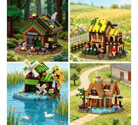 Shein Conjunto de cabina forestal retro, adorno de bloques de construcción, ensamblaje de bloques de construcción DIY, juguete de bloques de construcción, b