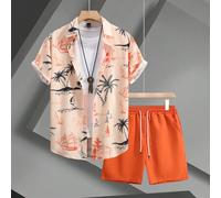 Shein Conjunto de camisa de manga corta y pantalones cortos de estilo resort-casual en naranja, perfecto para festivales de música, escapadas a playas hawai