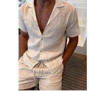 Shein Conjunto de camisa de manga corta y pantalones cortos de tela con sensación de lino de moda retro para hombres GOLDREDY, que elimina el problema del e