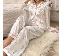 Shein Conjunto de camisa de manga larga con cuello y pantalones con estampado floral de tinta, blanco. Temporada de vacaciones, esplendor floral abundante,