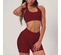 Shein Conjunto de camiseta ajustada sin espalda acanalada y shorts de ciclismo con puntas rosas, con soporte sin costuras moldeador, shorts de ciclismo de c