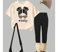 Shein Conjunto de camiseta corta básica y leggings casuales y de moda para niñas, con estampados creativos y personalizados como retratos de niñas, estampad