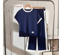 Shein Conjunto de camiseta de manga corta con cuello redondo y pantalones de pierna ancha tejidos con ribete en contraste negro y blanco, uso diario y vacac