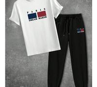 Shein Conjunto de camiseta de manga corta con gráfico de París y pantalón largo casual para hombres, para uso diario