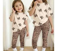 Shein Conjunto de camiseta de manga corta de cuello redondo suelto y leggings con estampado de lazo de leopardo dulce y lindo, patrón de leopardo, estilo mi