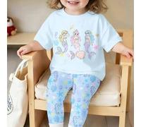 Shein Conjunto de camiseta de manga corta de cuello redondo y leggings con estampado de princesa sirena y flores con lazo en azul cielo Morandi, adecuado pa