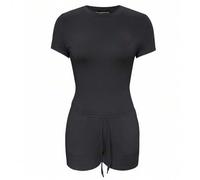 Shein Conjunto de camiseta de manga corta de cuello redondo y pantalones cortos con cordón de unicolor casual para mujer, conjunto de verano elegante en neg