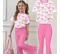 Shein Conjunto de camiseta de manga corta holgada de cuello redondo y pantalones acampanados con estampado de lazo en color rosa brillante, estilo casual mi