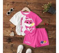 Shein Conjunto de camiseta de verano casual con cuello redondo, manga corta, estampado de dibujos animados lindos y contraste de colores para niñas jóvenes