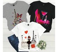 Shein Conjunto de camiseta de verano casual para mujeres con diseño impreso de fondo con mariposa y figura humana, cuello redondo y mangas cortas