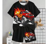 Shein Conjunto de camiseta gráfica casual para niño pequeño, con estampado clásico y fresco de coche todoterreno y humo de llama, adecuado para primavera/ve