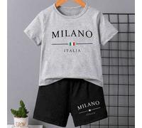 Shein Conjunto de camiseta gráfica con estampado de bandera italiana y letras, y pantalones cortos, para niños pequeños, de estilo casual y fresco, adecuado