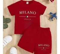 Shein Conjunto de camiseta gráfica con estampado de bandera italiana y letras, y pantalones cortos, para niños pequeños, de estilo casual y fresco, adecuado