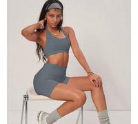 Shein Conjunto de camiseta sin espalda acanalada con puntas rosas y shorts de ciclismo ajustados, con soporte sin costuras moldeador, shorts de ciclismo de