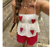 Shein Conjunto de camiseta sin mangas con estampado de corazón de color contrastante y volantes en el bajo, conjunto informal de 2 piezas de estilo vacacion