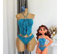 Shein Conjunto de camiseta sin mangas y bikini con volantes y decoración de estrella de mar de tela brillante de un solo color para vacaciones y playa