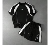 Shein Conjunto de camiseta y pantalones cortos casuales de color contrastante para hombres, verano, Y2k, festival, vintage, ropa de calle para niños, Año Nu