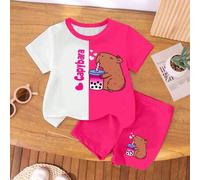 Shein Conjunto de camiseta y pantalones cortos de ciclismo para niñas pequeñas con diseño de bloque de color, taza de té de burbujas azul y dibujos animados