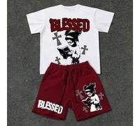 Shein Conjunto de camisetas de hombre con contraste de color rojo y blanco, estampado gráfico vintage de fe estadounidense, estampado de niña rezando + cruz