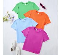 Shein Conjunto de camisetas de manga corta para niñas preadolescentes en negro, blanco, azul y rosa, hecho de tela acanalada limpia para un atuendo de veran