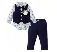 Shein Conjunto de chaleco de caballeros guapos para bebé, Body de manga larga y pantalones en un traje de tres piezas para otoño e invierno