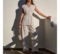 Shein Conjunto de chaleco plisado de un solo pecho de unicolor y pantalones rectos para mujer, para uso casual, oficina y viajes, para primavera/verano/otoñ
