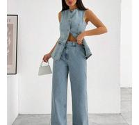 Shein Conjunto de chaleco vaquero informal de mujer de un solo botonadura y jeans